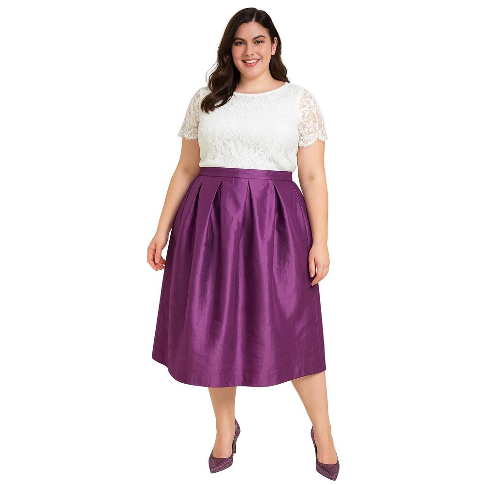 2X Sexy Diva Deep Purple‎ Box Pleat Midi Skirt – Silk Shantung Look